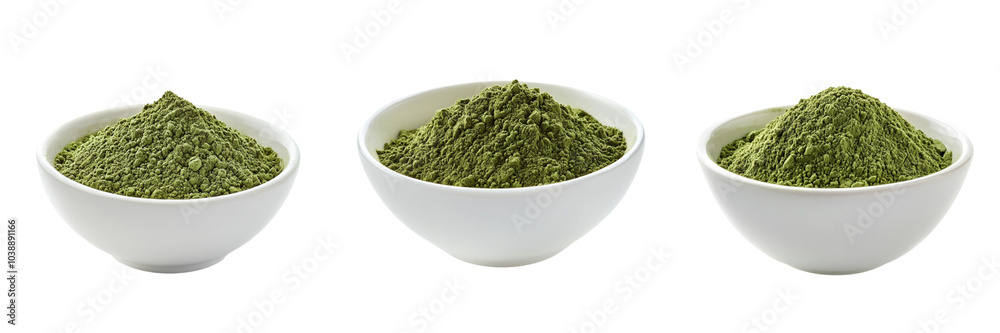 Set of A ceramic bowl filled with vibrant green wheatgrass powder, accompanied by a wooden spoon on transparent background. Ai generated