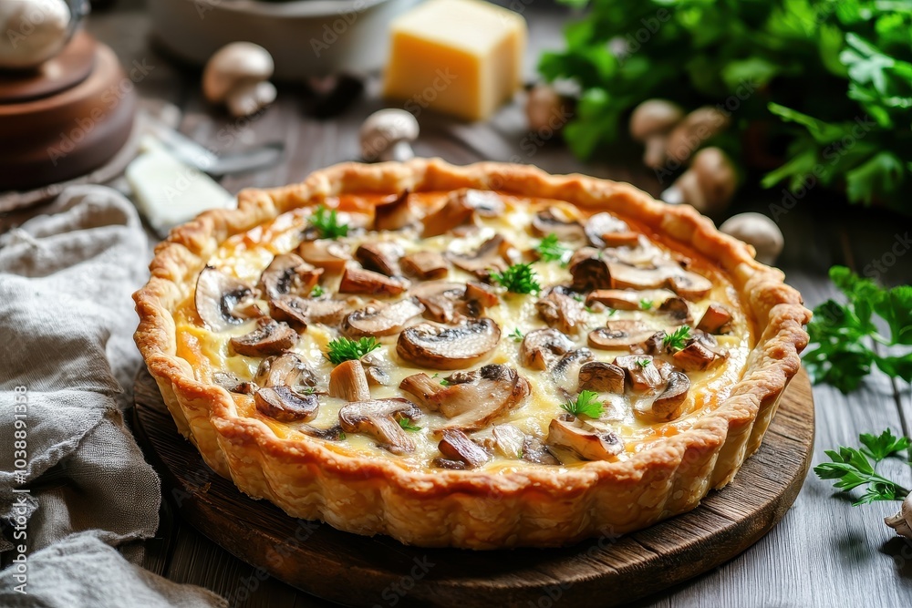 Mushroom and cheese quiche on the table Savory tart Culinary theme Mushroom and cheese quiche on the table Savory tart Culinary theme