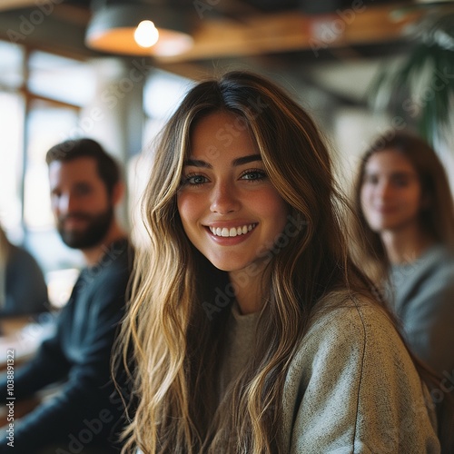 Business team smiling confidently in an open workspace