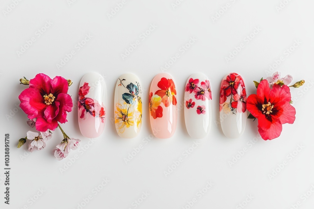 Nail art with floral design on a light backdrop including a nail file Nail art with floral design on a light backdrop including a nail file