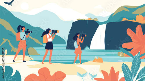 Video blogger set. Women posing and speaking for video camera on vacation, in gym, at home with laptop. Flat illustrations.
