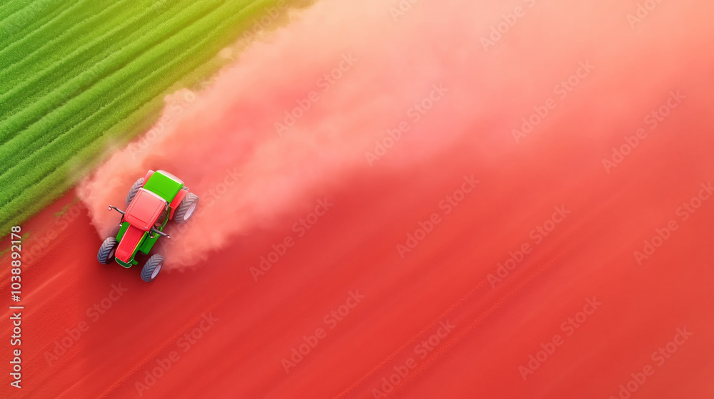 Naklejka premium Tractor cultivating vibrant red soil in a farm field during golden hour sunlight