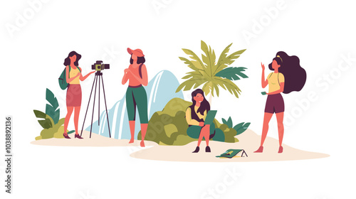 Video blogger set. Women posing and speaking for video camera on vacation, in gym, at home with laptop. Flat illustrations.
