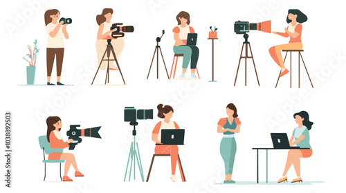 Video blogger set. Women posing and speaking for video camera on vacation, in gym, at home with laptop. Flat illustrations.
