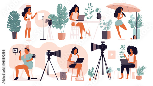 Video blogger set. Women posing and speaking for video camera on vacation, in gym, at home with laptop. Flat illustrations.
