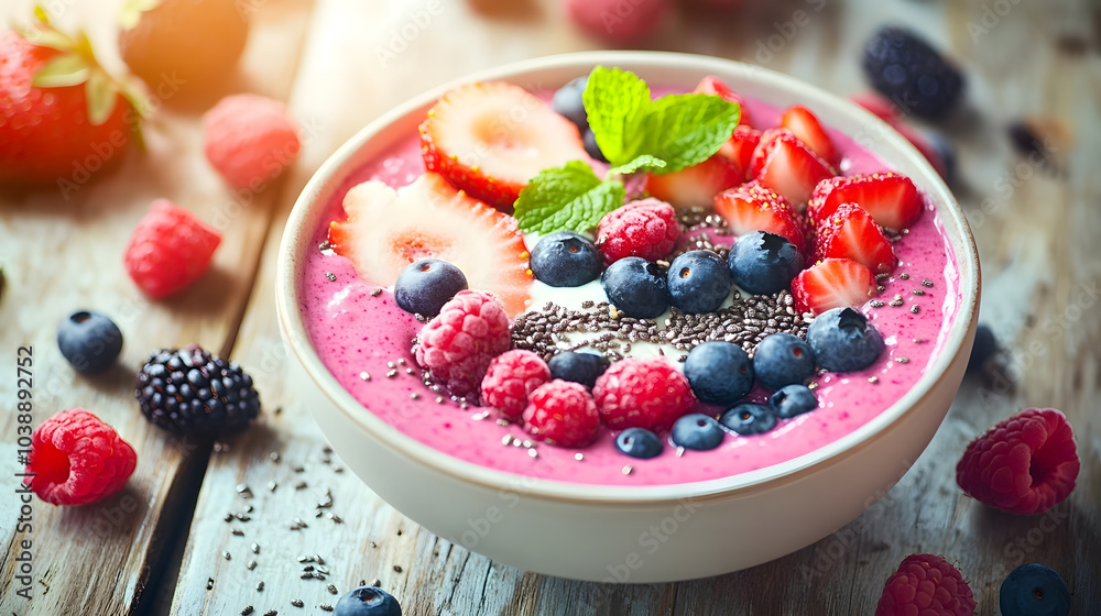 A vibrant smoothie bowl topped with a colorful array of fresh berries including strawberries, blueberries, raspberries, and blackberries, garnished with mint leaves and chia seeds. A vibrant smoothie bowl topped with a colorful array of fresh berries including strawberries, blueberries, raspberries, and blackberries, garnished with mint leaves and chia seeds.
