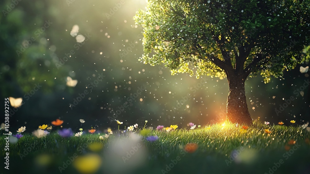 The sun illuminates the field through the tree's foliage, displaying grass and blossoms in the foreground The sun illuminates the field through the tree's foliage, displaying grass and blossoms in the foreground