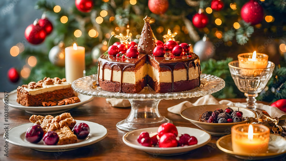 AI-generated images of Christmas spirits, with a mouth-watering spread of decadent desserts AI-generated images of Christmas spirits, with a mouth-watering spread of decadent desserts