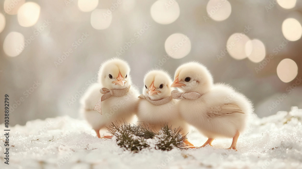 Group of Baby Chicks with Holiday Ribbons on Fake Snow Group of Baby Chicks with Holiday Ribbons on Fake Snow