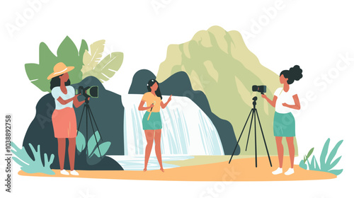 Video blogger set. Women posing and speaking for video camera on vacation, in gym, at home with laptop. Flat illustrations.
