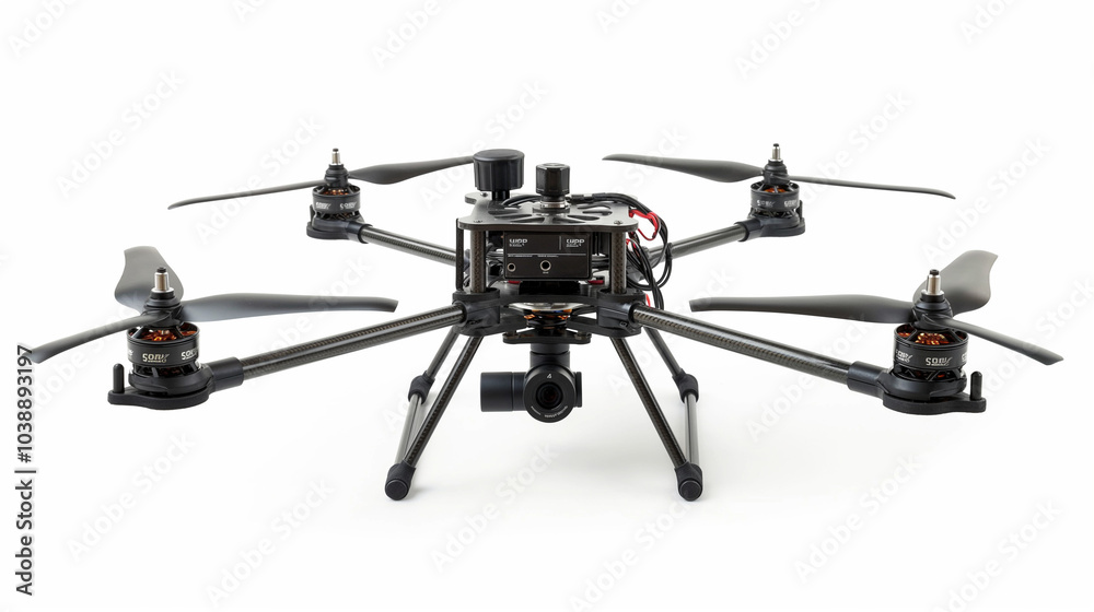 Black quadcopter drone with camera and four rotors. Black quadcopter drone with camera and four rotors.