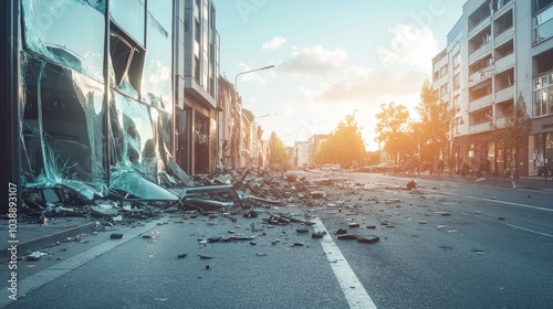 A quiet street is strewn with glass and debris under a haunting evening light photo