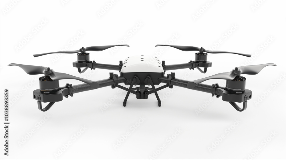 Black and white quadcopter drone with camera and four rotors. Black and white quadcopter drone with camera and four rotors.