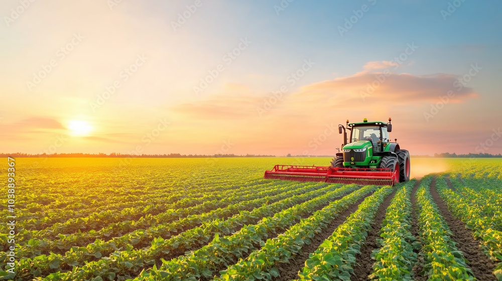 Tractor cultivating a lush green field at sunset in a rural agricultural landscape Tractor cultivating a lush green field at sunset in a rural agricultural landscape