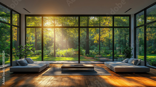 Sunlight filters through expansive windows of a contemporary living room, illuminating the space and highlighting the outdoor foliage