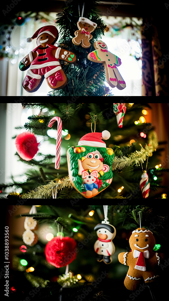 Christmas and New Year collage with gingerbread cookies on a Christmas tree. Christmas concept.