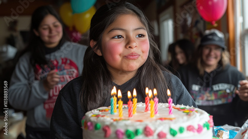 A young girl with long hair enjoys her birthday celebration, surrounded by friends and colorful balloons while candles glow on her cake