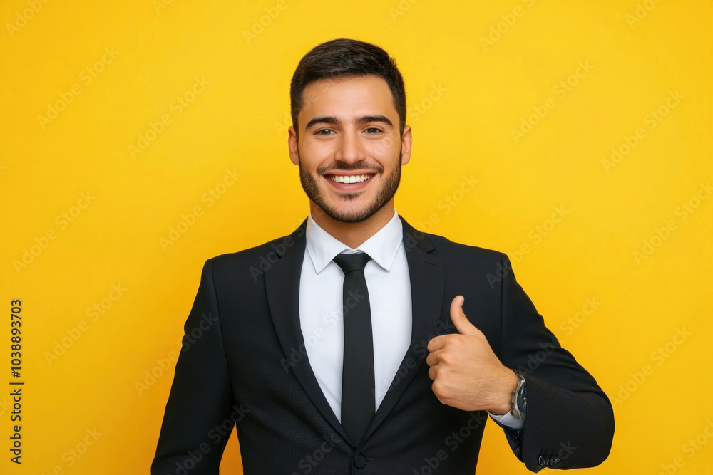 Man in suit and tie giving a thumbs up, smiling confidently. Man in suit and tie giving a thumbs up, smiling confidently.