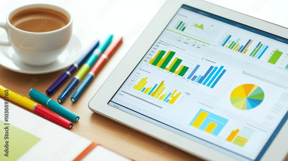 A close-up of a tablet showing graphs and a pie chart on a desk with colorful pens and a cup of coffee.