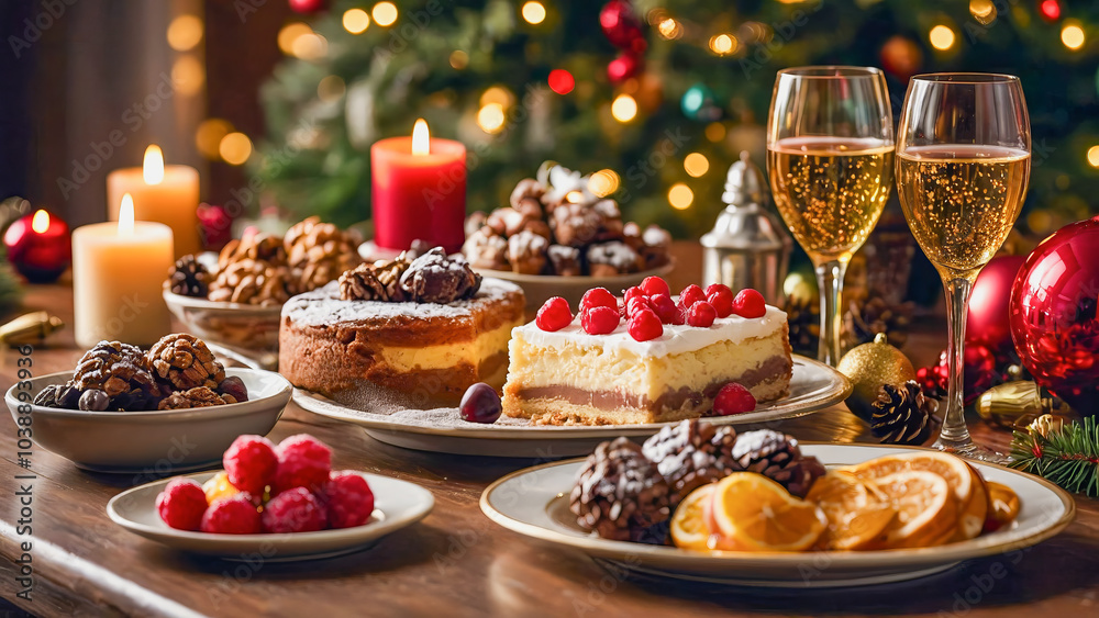 AI-generated images of Christmas spirits, with a mouth-watering spread of decadent desserts AI-generated images of Christmas spirits, with a mouth-watering spread of decadent desserts