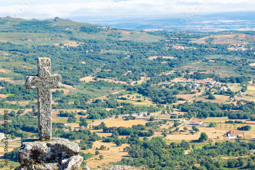 landscape of the municipality of Baltar, Ourense province. Galicia. View from the top of a mountain with a stone cross. Spain photo