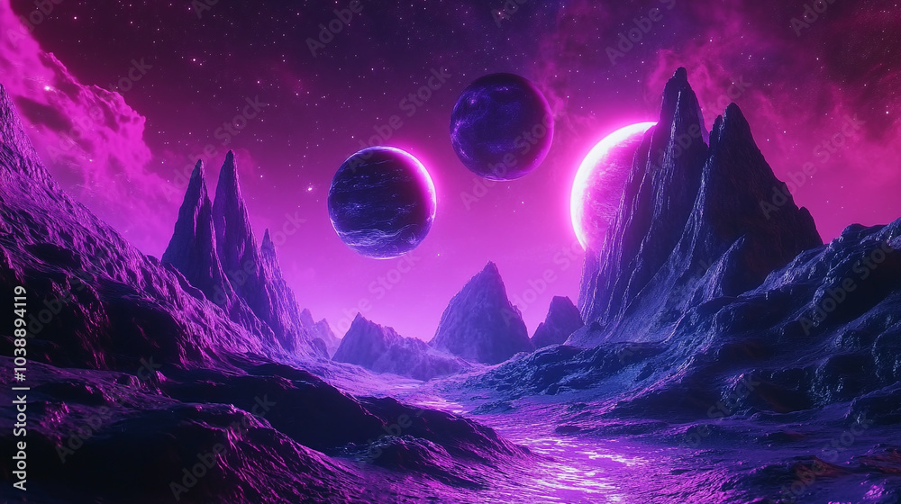 Fototapeta premium Surreal landscape with three planets above purple mountains during a cosmic twilight