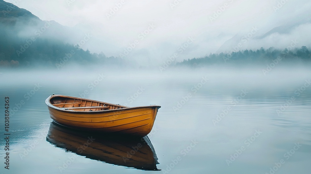A yellow boat floats atop a green-covered hillside beside a foggy lake A yellow boat floats atop a green-covered hillside beside a foggy lake