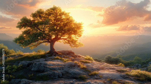 A lone tree stands proudly on a rocky hill, bathed in the warm glow of a vibrant sunset, surrounded by soft rolling hills