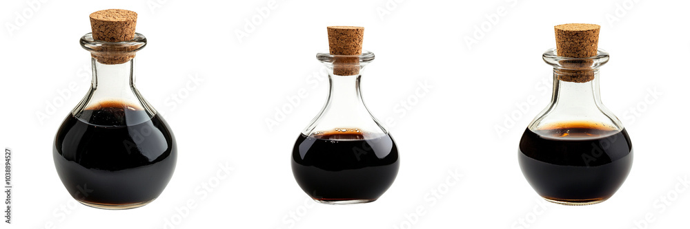 Set of A close-up shot of a glass bottle with a cork top, filled with dark balsamic vinegar on transparent background. Ai generated Set of A close-up shot of a glass bottle with a cork top, filled with dark balsamic vinegar on transparent background. Ai generated