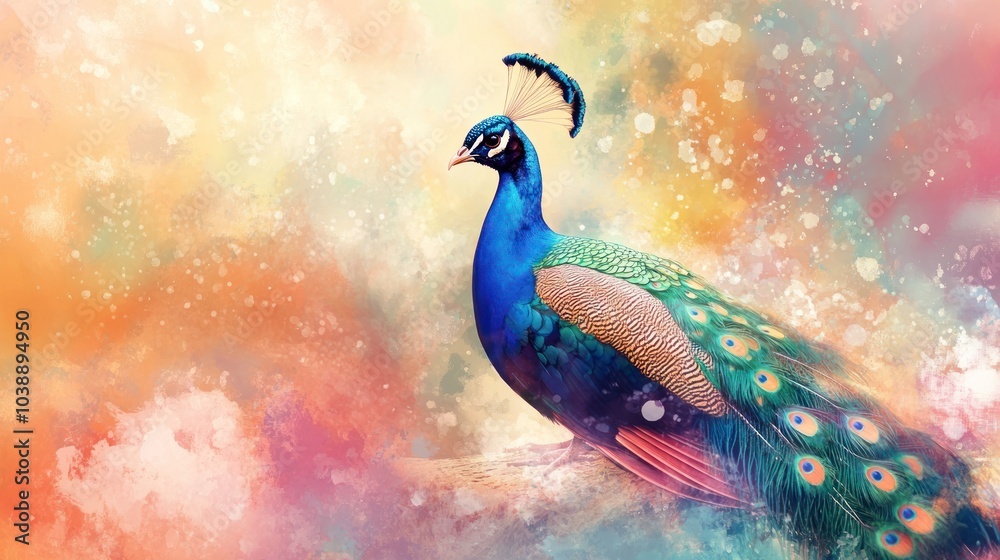 A vibrant peacock stands against a colorful, abstract background, showcasing its majestic feathers. A vibrant peacock stands against a colorful, abstract background, showcasing its majestic feathers.