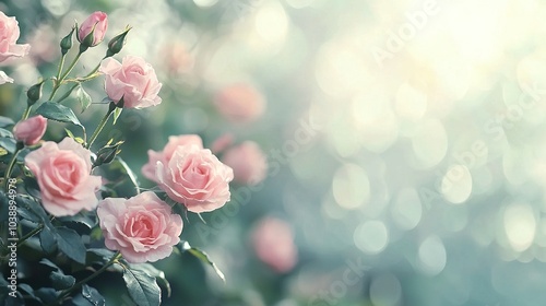   A vase filled with pink roses, bright against a blurry background