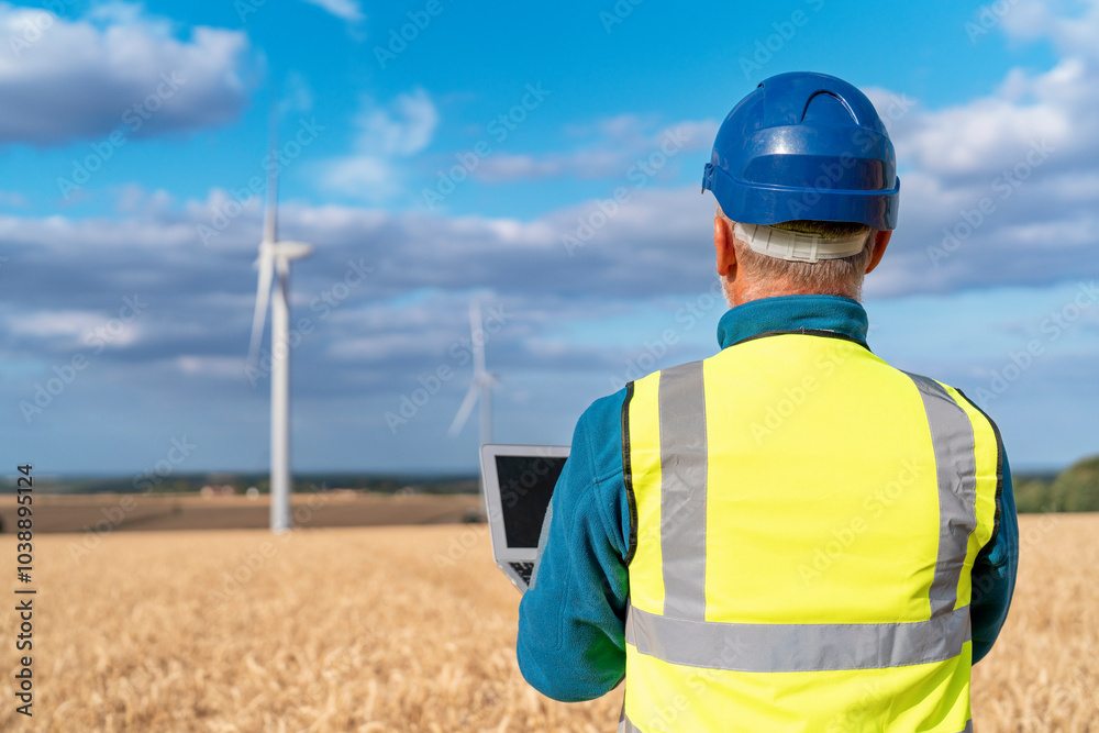 Tech-savvy farmer monitors wind energy production in golden wheat fields during a vibrant afternoon Tech-savvy farmer monitors wind energy production in golden wheat fields during a vibrant afternoon
