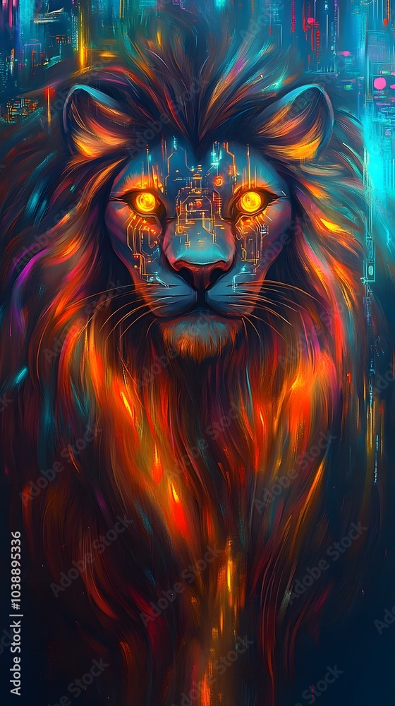 a lion's metallic mane and glowing bulbous eyes with pixel-perfect precision. A kaleidoscope of neon lights and futuristic cityscapes in the background add depth and complexity to the scene. a lion's metallic mane and glowing bulbous eyes with pixel-perfect precision. A kaleidoscope of neon lights and futuristic cityscapes in the background add depth and complexity to the scene.