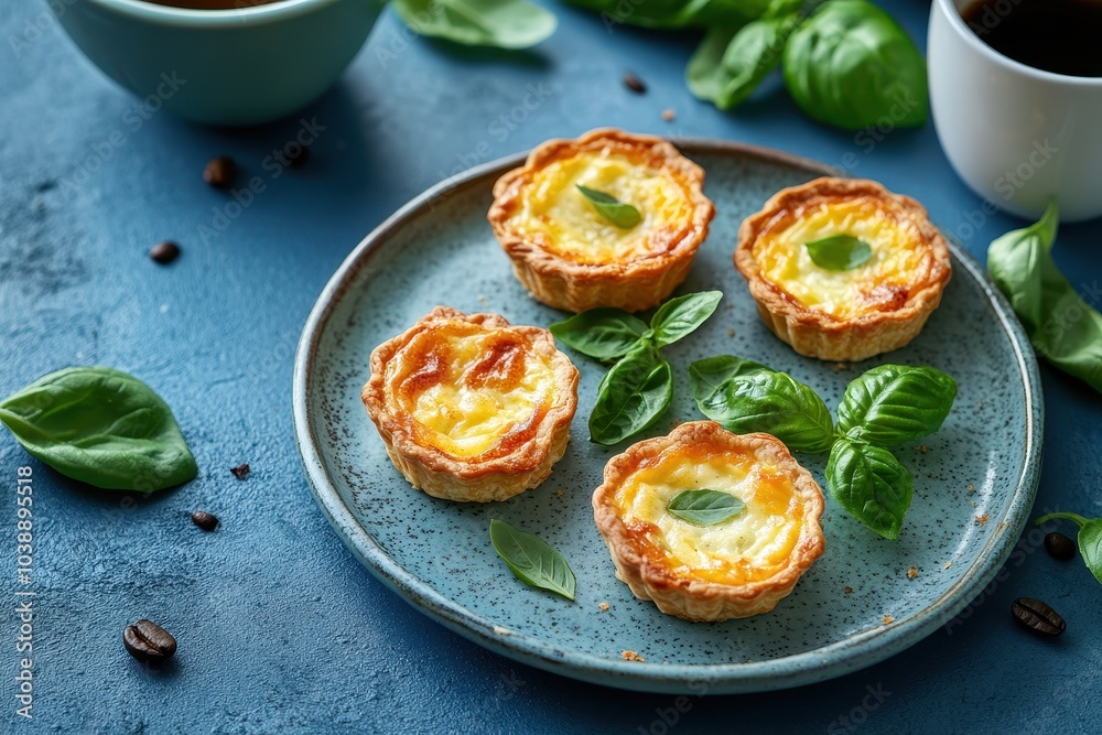 Small quiches on a blue dish with espresso Flaky pastry and fresh basil Small quiches on a blue dish with espresso Flaky pastry and fresh basil