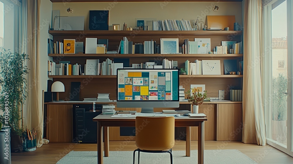 A modern home office with a computer on a desk, a chair, bookshelves, and a plant. A modern home office with a computer on a desk, a chair, bookshelves, and a plant.