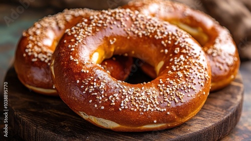 Three golden-brown pretzels with sesame seeds on a wooden board.