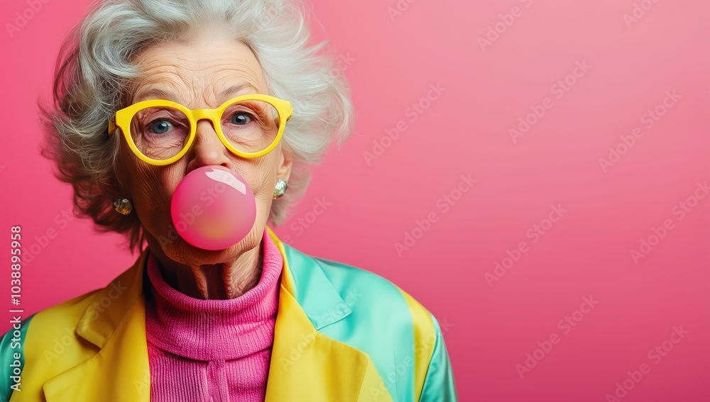 Femme âgée de 75 ans avec des lunettes, vue de face, soufflant dans un chewing-gum, créant une bulle et une atmosphère joyeuse, sur fond rose, image avec espace pour texte. Femme âgée de 75 ans avec des lunettes, vue de face, soufflant dans un chewing-gum, créant une bulle et une atmosphère joyeuse, sur fond rose, image avec espace pour texte.