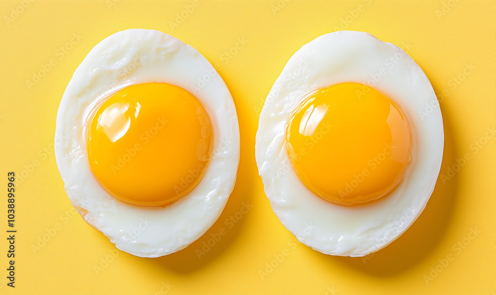 Freshly cooked eggs on a vibrant yellow background, showcasing their rich yolks and smooth whites Freshly cooked eggs on a vibrant yellow background, showcasing their rich yolks and smooth whites