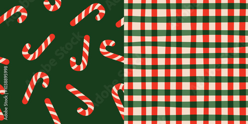 Christmas backgrounds. Simple bold cartoon festive design. Candy cane isolated on green and checked seamless patterns. 