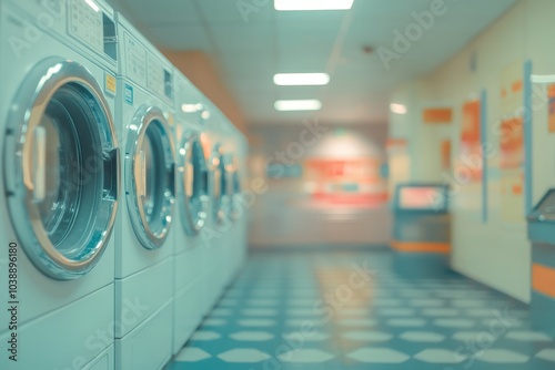 Soft focus backdrop of approved laundromats in a public space illustrating a self service laundry facility photo