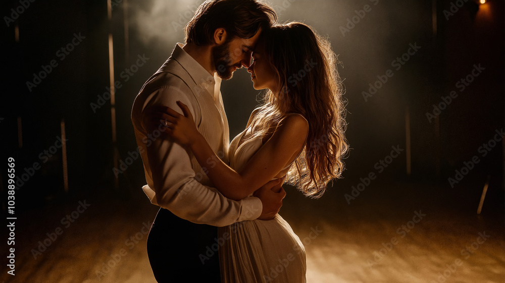 Passionate couple dancing closely under spotlight in an elegant performance setting for romance and intimacy Passionate couple dancing closely under spotlight in an elegant performance setting for romance and intimacy