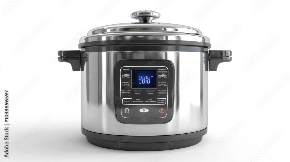 Fototapeta premium Stainless steel pressure cooker with digital control panel isolated on white background