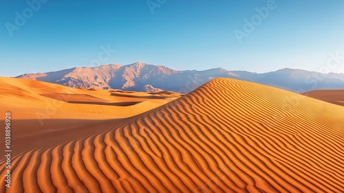  A sand dune in a desert landscape, set against a backdrop of towering mountains and a bright blue sky