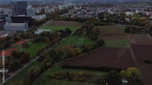 Aerial view of the fields on the outskirt of Eschborn, Hesse, Germany. photo