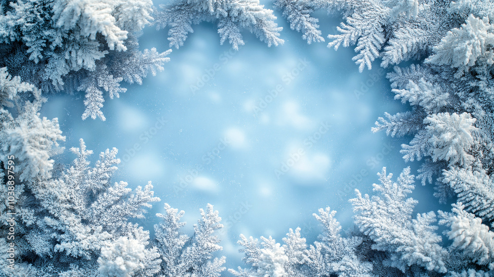 A snow-covered forest with a blue sky in the background A snow-covered forest with a blue sky in the background