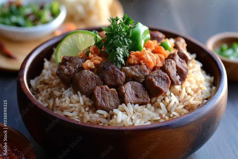 Spicy fried rice with traditional West Sumatran rendang beef Spicy fried rice with traditional West Sumatran rendang beef