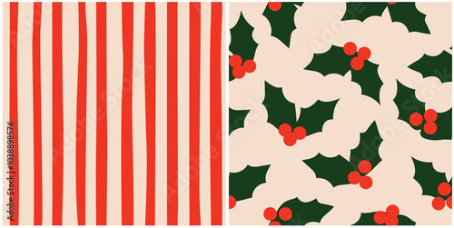 Christmas patterns collection. Seamless vector textures. Bold cute vintage style backgrounds with holly and abstract striped wallpaper.