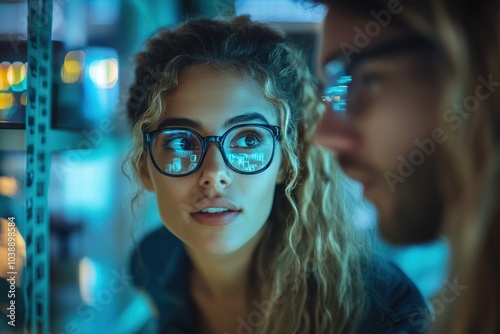 A close-up portrait of a woman with glasses in a modern, tech-filled environment, reflecting focus, intelligence, and modern innovation.