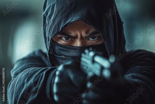 A close-up of a man with focused eyes, dressed in a black mask and gloves, aiming a gun with intense determination, evoking suspense and action themes. photo