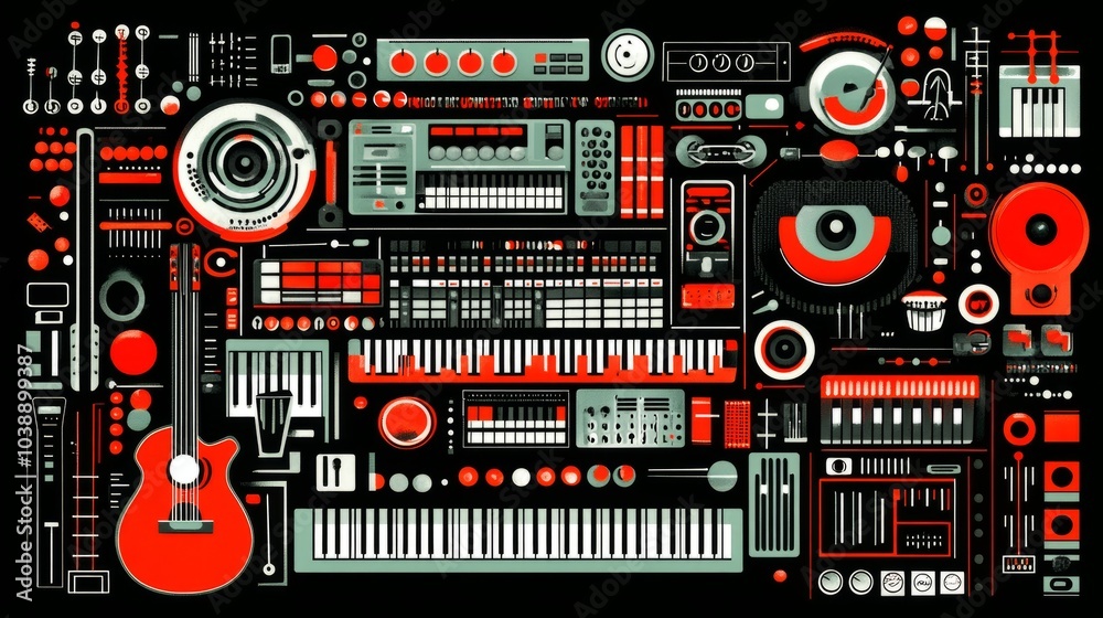 Obraz premium Colorful illustration of a music studio with a guitar, keyboard, synthesizer, mixer, speakers, and other equipment.